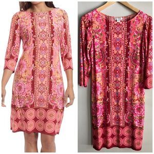 London Times Pink Floral Mosaic Shift Dress S Retro Boho Groovy Print
